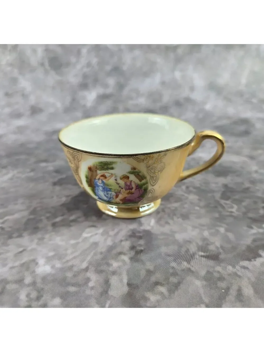 Vintage Peach Lusterware Demitasse Cup Saucer Two Ladies Child Made in Japan